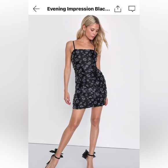 Lulus Evening Impression Black Floral Print Organza Ruched Mini Dress small - Picture 1 of 9